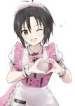  1girl :d antenna_hair apron bangs black_eyes black_hair blush bow bowtie commentary cowboy_shot dress frilled_apron frilled_dress frilled_headwear frills hair_between_eyes hairband heart heart_hands idolmaster idolmaster_(classic) kikuchi_makoto light_blush looking_at_viewer maid maid_headdress mogskg one_eye_closed open_mouth pink_bow pink_bowtie pink_dress pink_hairband plaid puffy_short_sleeves puffy_sleeves short_hair short_sleeves simple_background smile solo standing two-tone_dress very_short_hair waist_apron waitress white_background white_dress wrist_cuffs 