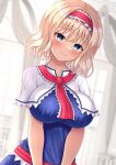  1girl alice_margatroid bangs blonde_hair blue_eyes blush breasts capelet closed_mouth hairband highres indoors large_breasts looking_at_viewer red_hairband reijing_etrn short_hair smile touhou upper_body white_capelet window 
