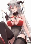  1girl absurdres aegir_(azur_lane) aegir_(golden_dragon_among_auspicious_clouds)_(azur_lane) azur_lane black_garter_straps black_gloves black_horns black_thighhighs breasts cleavage criss-cross_halter demon_horns dress gloves grey_dress grey_hair hair_on_horn halterneck highres holding holding_brush holding_paintbrush horn_ornament horns large_breasts multicolored_hair official_alternate_costume paint_on_body paintbrush red_dress red_hair remapack77 sideless_outfit simple_background solo streaked_hair thighhighs two-tone_dress two-tone_hair white_background yellow_eyes 