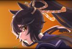  1girl animal_ears bandaid bandaid_on_face bandaid_on_nose bangs black_hair commentary hair_between_eyes highres horse_ears horse_girl long_hair looking_at_viewer mouth_hold narita_brian_(umamusume) orange_background parted_lips ponytail portrait sidelocks simple_background solo stalk_in_mouth thin_(suzuneya) umamusume yellow_eyes 
