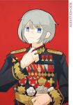  1girl blue_eyes communism epaulettes grey_hair highres mandarin_collar medal military military_jacket military_uniform original russia ryuukotsu serious short_hair soviet soviet_army uniform visible_ears 