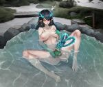  1girl absurdres ahegao anus aqua_skin arknights ass bare_shoulders black_hair blush breasts completely_nude dragon_horns dragon_tail dusk_(arknights) earrings erection futanari futanari_masturbation gins grabbing_own_breast highres horns jewelry large_penis long_hair masturbation multiple_girls navel nipples nude open_mouth orange_eyes partially_submerged penis pointy_ears solo sounding spread_legs tail testicles tongue tongue_out urethral_insertion 