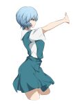  1girl absurdres ayanami_rei bangs blue_hair blue_skirt commentary_request highres neon_genesis_evangelion nijizuki_shino outstretched_arms red_eyes school_uniform shirt short_hair short_sleeves simple_background skirt solo standing tokyo-3_middle_school_uniform white_background white_shirt 