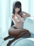  1girl bangs black_hair black_pantyhose blue_eyes breasts closed_mouth collarbone couch hand_up highres indoors kill_la_kill kiryuuin_satsuki large_breasts long_hair looking_at_viewer nipples on_couch pantyhose signature simple_background sitting solo straight_hair topless yokozuwari zefrableu 