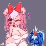  &lt;3 accessory aroused big_breasts blue_body blue_fur blush breasts duo female female/female flower flower_in_hair fur giggles_(htf) hair hair_accessory happy_tree_friends hi_res j.fbelen mammal mephitid petunia_(htf) pink_body pink_fur pink_nose pinup plant pose pubes ribbons rodent sciurid sexy_eyes shy skunk smile tongue tree_squirrel 