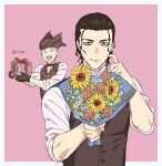  2boys :d arizuka_(catacombe) bangs black_bow black_bowtie black_gloves bloodborne border bouquet bow bowtie box brown_hair brown_vest closed_mouth flower gift gift_box gloves grey_hair hat highres holding holding_bouquet holding_gift long_sleeves male_focus multiple_boys pink_background red_flower smile solo_focus teeth tricorne upper_body upper_teeth_only vest white_border white_flower yellow_flower 