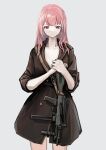  1girl absurdres bangs breasts brown_coat closed_mouth coat collarbone feet_out_of_frame gun hand_on_hand highres lithographica long_hair looking_at_viewer original pink_hair red_eyes sleeves_rolled_up small_breasts solo standing submachine_gun weapon weapon_request white_background 