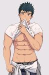  1boy abs bandaid bandaid_on_cheek bandaid_on_face bara black_hair blush bulge clothes_around_waist clothes_in_mouth clothes_pull highres jacket jacket_around_waist lifted_by_self looking_at_viewer male_focus male_underwear male_underwear_peek mouth_hold muscular muscular_male navel navel_hair nipples nnn_nishi original pants pants_pull pectorals see-through shirt shirt_in_mouth short_hair sideburns solo stomach sweat textless_version underpec underwear wet wet_clothes wet_shirt white_male_underwear white_shirt yellow_eyes 
