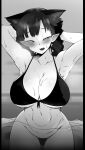  1girl animal_ears arms_behind_head bangs bikini blush breasts cat_ears cat_girl cleavage commentary extra_ears greyscale groin highres kaenbyou_rin large_breasts looking_at_viewer mizuga monochrome navel pointy_ears solo sweat swimsuit symbol-only_commentary touhou 