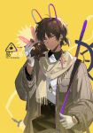  1boy alternate_costume animal_ears arknights bangs brown_hair closed_mouth coat dark-skinned_male dark_skin ear_piercing fake_animal_ears gloves grey_coat grey_scarf highres holding long_hair looking_at_viewer open_clothes open_coat orange_eyes piercing rabbit_ears remirror scarf short_hair short_ponytail solo sword thorns_(arknights) translation_request very_long_hair weapon weapon_on_back white_gloves 