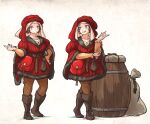  1girl bag barrel belt beret blue_eyes boots braid brown_hair collarbone dress hat highres ironlily merchant original pants pouch ribbed_dress sack turban 