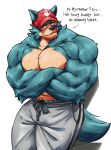  aged_up anthro baseball_cap beastars big_muscles bodily_fluids canid canine canis clothing crossed_arms dialogue embarrassed furgonomics hat headgear headwear hi_res huge_muscles legoshi_(beastars) male mammal mature_male muscular muscular_anthro muscular_male pecs scar smile solo sweat sweatpants teseirei wolf 