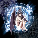  1girl bangs black_hair black_wings breasts cleavage completely_nude hand_up hgs92y holding knees_up long_hair magic_circle medium_breasts navel nude original smile solo wings 