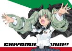  1girl anchovy_(girls_und_panzer) anzio_school_uniform background_text bangs belt black_belt black_cape black_necktie black_ribbon black_skirt brown_eyes cape character_name commentary_request dress_shirt drill_hair emblem flag_background frown girls_und_panzer green_hair hair_ribbon highres inou_takashi italian_flag long_hair long_sleeves looking_to_the_side necktie open_mouth pleated_skirt ribbon school_uniform shirt skirt solo twin_drills twintails v-shaped_eyebrows white_shirt wing_collar 