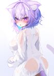  1girl ahoge animal_ear_fluff animal_ears ass blush breasts cat_ears cat_girl cat_tail highres hololive kajimakoto large_breasts looking_at_viewer looking_back medium_hair naked_shirt nekomata_okayu open_mouth purple_eyes purple_hair see-through see-through_shirt shirt sideboob tail virtual_youtuber wet wet_clothes white_shirt 