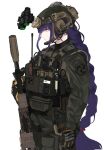  1girl assault_rifle braid braided_ponytail carabiner commentary contemporary genshin_impact gloves gun headset highres knife long_hair looking_ahead m4_carbine magazine_(weapon) military_operator mitsudomoe_(shape) night_vision_device pouch purple_eyes purple_hair pz-15 radio raiden_shogun rifle scissors simple_background symbol-only_commentary tomoe_(symbol) torii very_long_hair weapon weapon_request white_background 