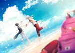  2boys backpack bag barefoot bird black_hair black_wristband blue_sky cellphone cloud from_behind grey_hair grey_pants highres idolmaster idolmaster_side-m iseya_shiki kame_(unaikodori) kizaki_ren male_focus multiple_boys ocean pants phone pink_bag ponytail red_bag red_pants running seagull short_sleeves sky sleeveless smartphone wristband 