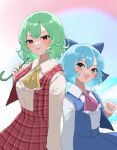  2girls :d absurdres ascot bangs blue_ascot blue_bow blue_eyes blue_hair blue_skirt blue_vest bow cirno collared_shirt detached_wings gradient_background green_hair hair_bow highres ice ice_wings kazami_yuuka looking_at_viewer mikan_(manmarumikan) multiple_girls open_mouth plaid plaid_vest red_eyes red_skirt red_vest shirt short_hair skirt smile touhou vest white_shirt wings yellow_ascot 
