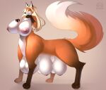  8_breasts big_breasts blonde_hair breasts canid canine female fox hair hand_on_breast huge_breasts hyper hyper_breasts kotik_rin looking_at_viewer mammal multi_breast solo taur 