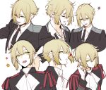  1boy ascot black_jacket black_necktie blonde_hair blush closed_eyes collared_shirt earrings elan_ceres green_eyes gundam gundam_suisei_no_majo hair_between_eyes highres hinamori_(m_nmy01) jacket jewelry long_sleeves looking_at_viewer male_focus multiple_views necktie open_mouth shirt short_hair sidelocks smile sweatdrop white_ascot white_shirt 