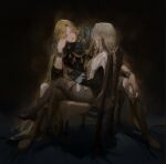  1boy 1girl black_background blonde_hair cloak elden_ring godwyn_the_golden gravitydusty hand_on_own_cheek hand_on_own_face hand_on_own_knee highres howel_(gravitydusty) jewelry long_hair looking_at_another multiple_boys original sitting 