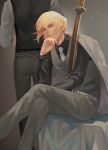  2boys bangs black_shirt blonde_hair closed_mouth collared_shirt commentary_request crossed_legs feet_out_of_frame grey_background grey_pants grey_vest hair_between_eyes higekiri_(touken_ranbu) hizamaru_(touken_ranbu) jacket jacket_on_shoulders katana long_sleeves looking_at_viewer male_focus multiple_boys necktie pants sheath sheathed shirt short_hair sitting smile solo_focus standing sword touken_ranbu vest weapon white_jacket white_necktie white_shirt yellow_eyes zi_tsas 