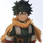  1boy boku_no_hero_academia cape closed_mouth freckles furrowed_brow glimrk green_eyes green_hair hair_between_eyes highres looking_at_viewer male_focus midoriya_izuku portrait short_hair solo spiked_hair uniform upper_body white_background yellow_cape 