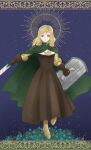  1girl armored_boots blonde_hair boots cape final_fantasy final_fantasy_tactics flower gauntlets highres knight looking_at_viewer milleuda_folles shield solo soosupaan sword weapon yellow_eyes 