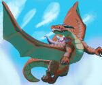  absurd_res claws cloud dragon duo female feral flying hi_res humanoid kobold larger_male male pink_body red_body scalie size_difference sky smaller_female spread_wings universaldragon western_dragon wings 