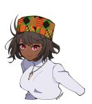  1girl ahoge alternate_hair_color alternate_skin_color antenna_hair arcueid_brunestud artist_name bangs bob_cut brown_hair dark-skinned_female dark_skin eyelashes hat jewelry kufi_(hat) kyou_(ningiou) leaning_forward looking_at_viewer pendant red_eyes short_hair signature simple_background smile solo sweater tsukihime upper_body wavy_hair white_background white_sweater 