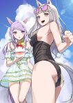  2girls absurdres animal_ears ass bangs black_one-piece_swimsuit blue_sky blunt_bangs casual_one-piece_swimsuit cloud dress eyewear_on_head feet_out_of_frame food gold_ship_(run_revolt_launcher)_(umamusume) gold_ship_(umamusume) grey_hair highres horse_ears horse_girl horse_tail lens_flare long_hair low_twintails mejiro_mcqueen_(ripple_fairlady)_(umamusume) mejiro_mcqueen_(umamusume) multiple_girls one-piece_swimsuit pikuru_(senchi) purple_eyes purple_hair shaved_ice sky sunglasses super_smashing_summer_vacation_(umamusume) swept_bangs swimsuit tail twintails umamusume white_dress 