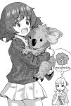  2girls absurdres akiyama_yukari animal bangs belt blunt_bangs collared_shirt commentary_request english_text girls_und_panzer greyscale hair_ribbon hand_on_own_arm hand_on_own_chin highres holding holding_animal inou_takashi jacket koala koala_forest_military_uniform long_sleeves looking_at_another medium_hair messy_hair military military_uniform miniskirt monochrome multiple_girls ooarai_military_uniform pleated_skirt ponytail ribbon sam_browne_belt shirt short_hair short_sleeves skirt sweatdrop thought_bubble tree uniform wallaby_(girls_und_panzer) 