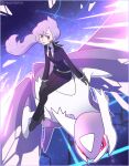  1girl anabel_(pokemon) artist_name collared_shirt earpiece gloves latios looking_at_viewer mega_latios mega_pokemon necktie pokemon pokemon_(creature) pokemon_(game) pokemon_sm ponytail purple_eyes purple_hair red_eyes riding riding_pokemon shirt sitting vergolophus white_shirt wings 