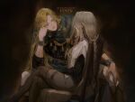  artist_name black_background blonde_hair cloak elden_ring godwyn_the_golden gravitydusty hand_on_own_cheek hand_on_own_face hand_on_own_knee highres jewelry long_hair looking_at_another miquella_(elden_ring) sitting 