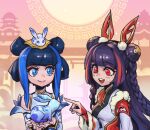  2girls :d animal_ears bangs bare_shoulders black_hair black_kimono blue_eyes blue_hair blunt_bangs braid breasts closed_mouth double_bun fake_animal_ears fur-trimmed_kimono fur_trim hair_bun hand_up japanese_clothes kimono league_of_legends long_hair long_sleeves lux_(league_of_legends) medium_breasts multicolored_background multicolored_hair multiple_girls mythmaker_seraphine phantom_ix_row pointing porcelain_lux rabbit rabbit_ears red_eyes red_hair red_kimono seraphine_(league_of_legends) smile streaked_hair sun teeth twin_braids upper_teeth_only 