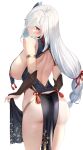  1girl absurdres ass blush breasts curvy genshin_impact heart heart-shaped_pupils highres long_hair looking_at_viewer nipples shenhe_(genshin_impact) solo symbol-shaped_pupils tongue tongue_out u_ronnta white_background white_hair wide_hips 