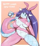  anthro big_breasts blue_body breasts chinese_zodiac clothing countershading dragon fake_ears fake_rabbit_ears female hair hi_res holidays horn jumpsuit nepheria_(sspore) new_year purple_hair solo sspore teal_eyes year_of_the_rabbit 