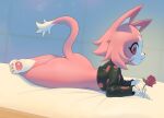  absurd_res anthro bottom_heavy bottomless butt clothed clothing detailed_background domestic_cat felid feline felis female fur gami_(inkune) happy hi_res inkune kemono looking_at_viewer lying mammal pink_body pink_fur red_eyes rose_(disambiguation) solo wide_hips 