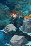  1boy aizen_kunitoshi bandaid bandaid_on_face bandaid_on_nose bangs commentary_request coral coral_reef dated_commentary full_body katana looking_to_the_side male_focus open_mouth orange_shirt red_hair rock shirt shirt_removed short_hair smile solo swimming sword touken_ranbu water weapon yellow_eyes zi_tsas 