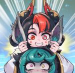  2girls animal_ears bangs black_hair black_jacket blush blush_stickers closed_eyes commentary_request double_bun fake_animal_ears grabbing_another&#039;s_ear green_hair grin gwen_(league_of_legends) hair_bun hand_on_another&#039;s_ear hands_up hood hood_up hooded_jacket jacket league_of_legends long_hair long_sleeves multicolored_background multicolored_hair multiple_girls mythmaker_gwen phantom_ix_row pink_eyes rabbit_ears red_eyes red_hair short_hair smile streaked_hair swept_bangs teeth vex_(league_of_legends) yordle 