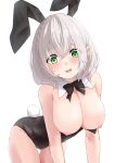  1girl all_fours animal_ears bare_shoulders bent_over black_bow black_bowtie black_leotard blush bow bowtie braid breasts bursting_breasts cleavage detached_collar embarrassed fake_animal_ears foreshortening green_eyes grey_hair highres hololive large_breasts leotard looking_at_viewer looking_down medium_hair mole mole_on_breast nipples playboy_bunny rabbit_ears rabbit_tail shirogane_noel side_braid skindentation solo strapless strapless_leotard surprised sweatdrop tail tenmon_(tenmon0715) traditional_bowtie undersized_breast_cup virtual_youtuber wardrobe_malfunction wavy_hair wing_collar 