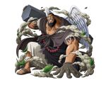  1boy beard black_hair brown_gloves facial_hair feathered_wings gloves jewelry kneeling looking_at_viewer necklace official_art one_piece one_piece_treasure_cruise open_mouth sandals teeth urogue wings 