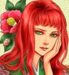  1girl bangs flower green_eyes hand_on_own_cheek hand_on_own_face hand_up hgs92y juuni_kokuki leaf long_hair looking_at_viewer nakajima_youko red_flower red_hair sayagata smile solo 