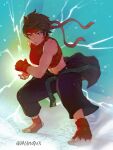  1girl biceps brown_hair clothes_around_waist crop_top dougi fighting_stance fingerless_gloves gloves hadouken headband kasugano_sakura looking_at_viewer muscular muscular_female quasimodox short_hair sleeveless solo street_fighter toes 