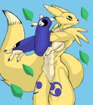  3_fingers abs anthro armwear bandai_namco biceps big_tail black_claws black_nose blue_background blue_eyes bridal_gauntlets butt cancer_(symbol) canid canine chest_tuft claws clothed clothed/nude clothing countershade_torso countershading digimon digimon_(species) digital_drawing_(artwork) digital_media_(artwork) f_draws facial_markings female fingers fluffy frown fur fur_markings head_markings hi_res leaf long_ears mammal markings mostly_nude muscular muscular_female nude purple_clothing renamon shaded shadow shoulder_tuft simple_background solo stretching tail taller_female tan_body tan_fur thick_thighs tuft white_body white_fur yellow_body yellow_fur yin_yang 