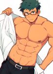  1boy abs bara bare_pectorals black-framed_eyewear black_pants blush bulge cowboy_shot dark-skinned_male dark_skin dutch_angle glasses green_hair highres large_pectorals looking_at_viewer male_focus muscular muscular_male navel navel_hair nipples nnn_nishi open_clothes open_shirt original pants pectorals short_hair sideburns smile solo stomach sweat undressing 