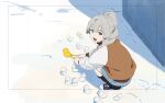  1girl :d absurdres antenna_hair black_socks day grey_eyes grey_hair highres kamo_kamen long_hair long_sleeves looking_at_viewer original outdoors raglan_sleeves shoes shorts smile snow snowball_scooper socks solo squatting 