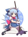  1girl absurdres alternate_costume apron bangs black_footwear blue_apron blue_eyes blue_hair blue_ribbon blue_skirt bow bowtie cirno closed_mouth commentary enmaided frilled_apron frills hair_ribbon highres holding holding_mop hxj_(2324184595) ice ice_wings maid maid_apron maid_headdress mary_janes mop pink_bow pink_bowtie pink_ribbon puffy_short_sleeves puffy_sleeves ribbon shirt shoes short_hair short_sleeves sitting skirt smile solo thighs touhou white_shirt wings 