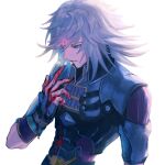  1boy armor bangs blood blood_on_clothes blood_on_hands blue_eyes forehead_jewel gauntlets glowing grey_hair highres jin_(xenoblade) long_hair male_focus parted_lips raininmoradain short_sleeves simple_background solo upper_body white_background xenoblade_chronicles_(series) xenoblade_chronicles_2 xenoblade_chronicles_2:_torna_-_the_golden_country 