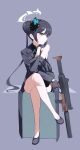 1girl bangs bare_legs black_gloves black_hair blue_archive blue_background blue_eyes blush braid braided_bun butterfly_hair_ornament china_dress chinese_clothes closed_mouth crossed_legs cs/ls06 dress gloves gohan_(gohanchang) gun hair_bun hair_ornament halo head_rest highres holding holding_gun holding_weapon impossible_clothes jacket kisaki_(blue_archive) long_hair looking_at_viewer pinstripe_pattern sidelocks simple_background sitting solo striped striped_coat striped_jacket submachine_gun vertical-striped_jacket vertical_stripes weapon 